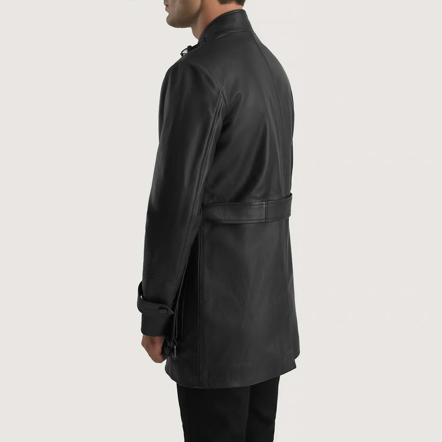 Custom Premium Button Up Round Neck Snap Button Waist Belt Front Pockets Leather Jacket Manufactured by Huzaifa Products