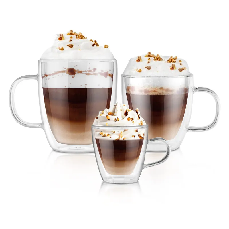 Clear Thermal Borosilicate Glass Insulated Drinking Double Walled Glass  Cappuccino Espresso Coffee Mug with Handle Set of 2