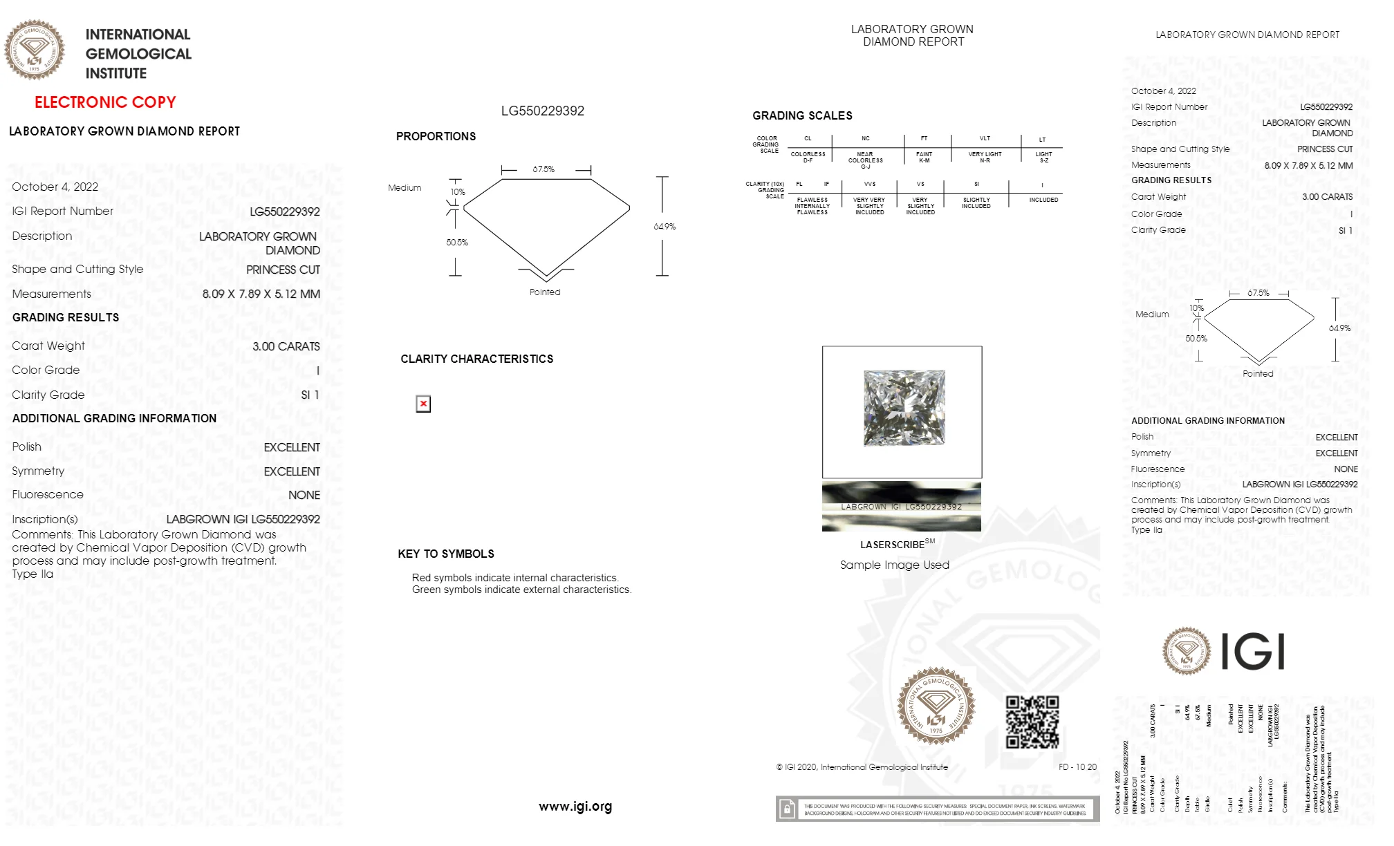 3.00ct Diamond  I Color SI1 Purity IGI Certified Lab Grown CVD  PRINCESS  Cut TYPE2A 550229392