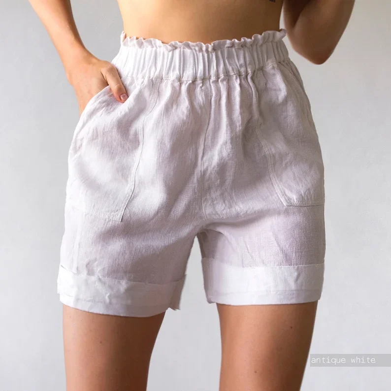 Stripe Linen 100% Handmade Stonewashed 100% Ruffle Band Linen Shorts for Women