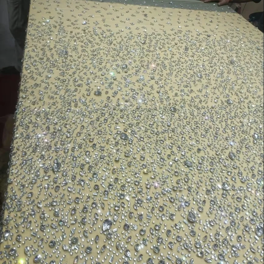 Best Price 100% Polyester Luxury Beaded Fabric with Zircon Handmade Indian Supplier Garments Making Woven and Mesh Pattern