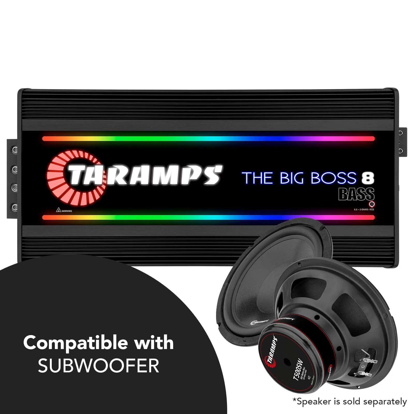 Taramps The Big Boss 8 Bass Black Color Amplifier 0.5 to 2 Ohm 8000 Watts RMS 108 RGB Effects Multi Impedance Smart 8k Car Audio