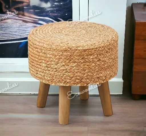 Natural Decorative Round Jute Wood Pouf & Stool Ottoman Poufs Foot Living Room Furniture Bone Inlay Console