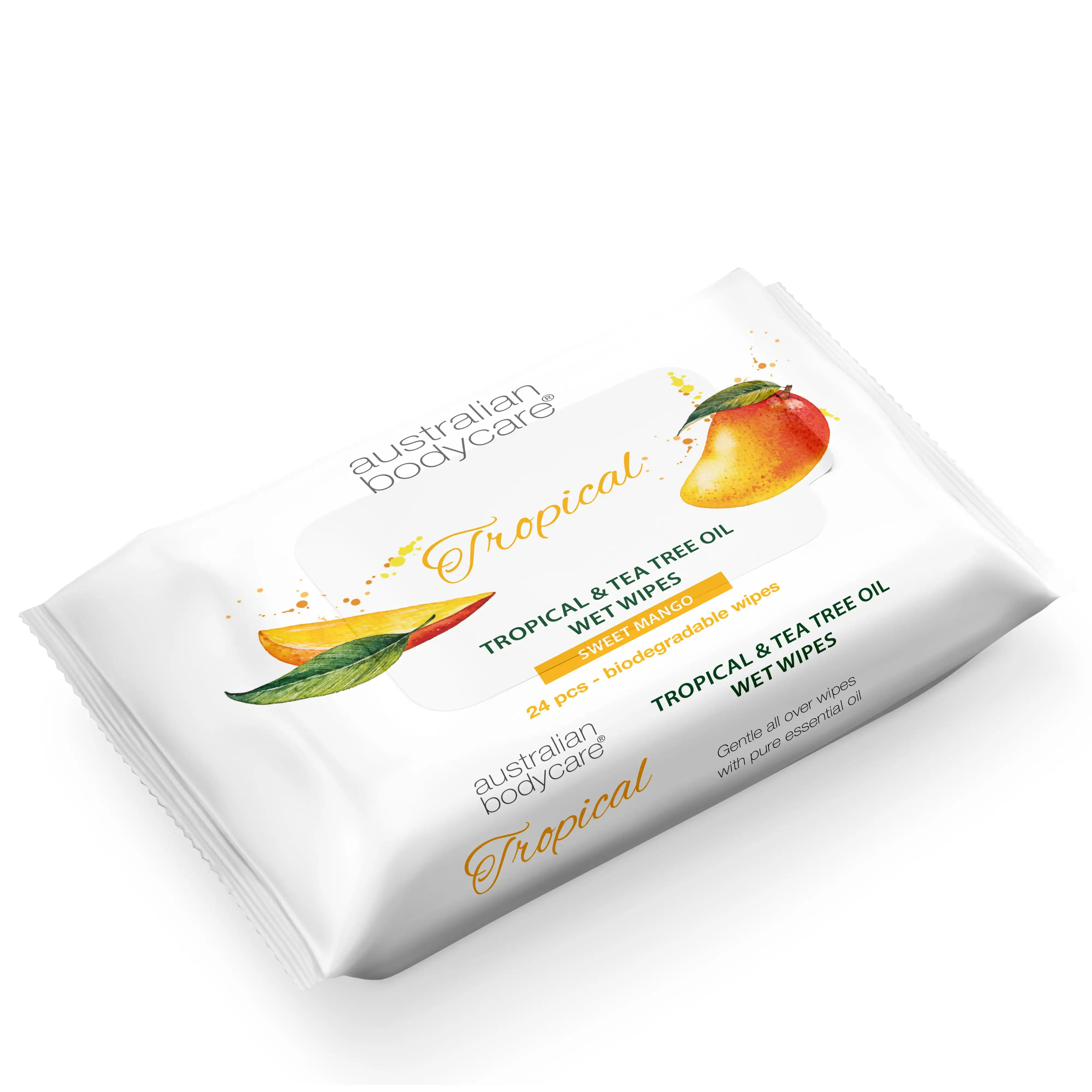 Biodegradable Wet Wipes wholesale Tea Tree & Mango: 24 pcs. Adult wet wipes for Sweat, Dirt, Makeup. Refreshing, Moisturizing