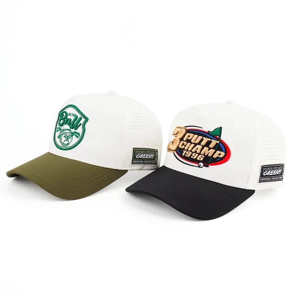 Waterproof Golf Hats Custom 5 Panel Laser Cut Hole Perforated Hat 2 Tone Sports Baseball Cap 3D Embroidery Custom Logo Golf Caps