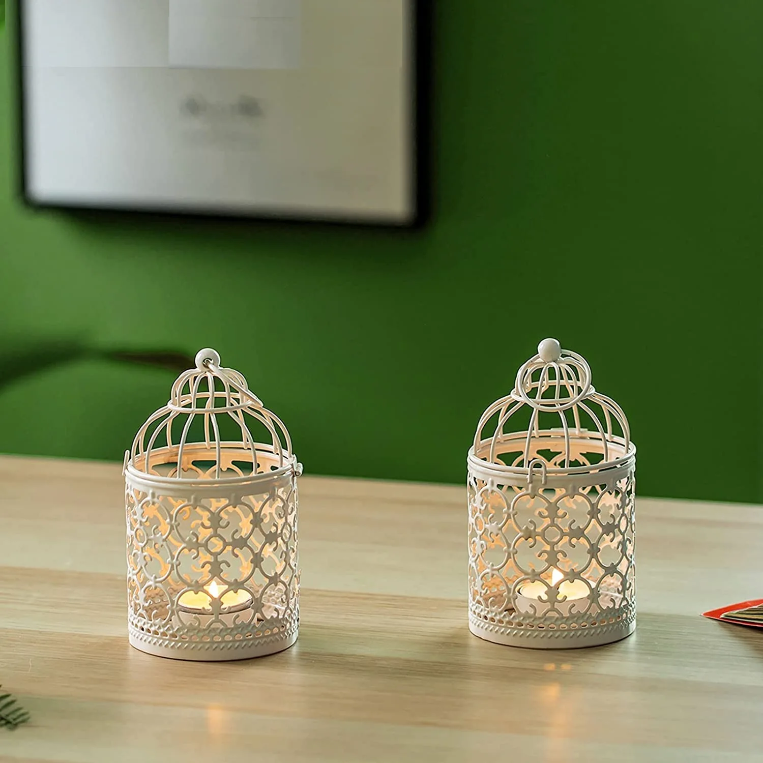 Uniquely Designed 2 Pcs Small Metal Tealight Hanging Birdcage Lantern Vintage Decorative Centerpieces of Wedding Party Gold