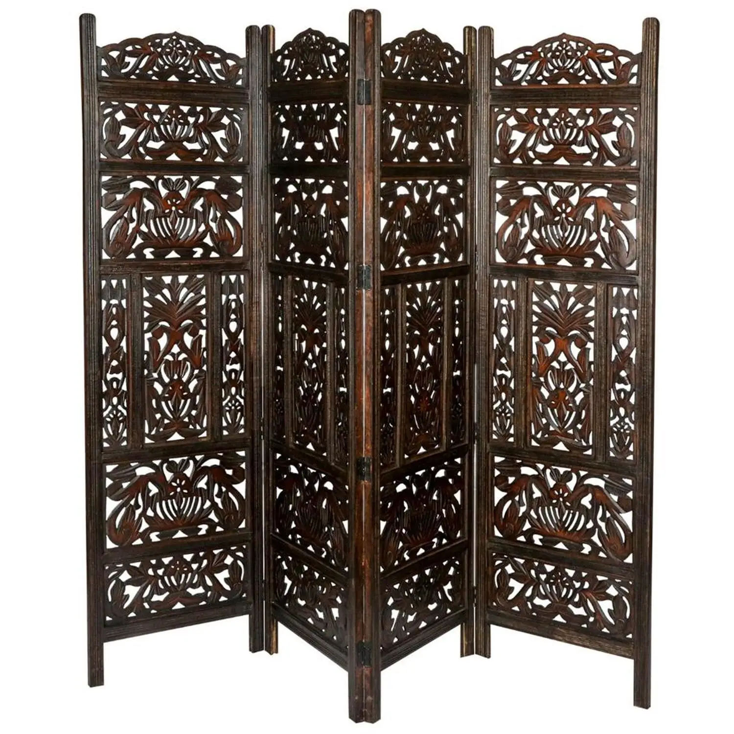Natural 4 Panel Heavy Carved Wooden Room Divider Solid Mango Wood Frame with MDF Leaf Carving Partition Screen for Home Decor