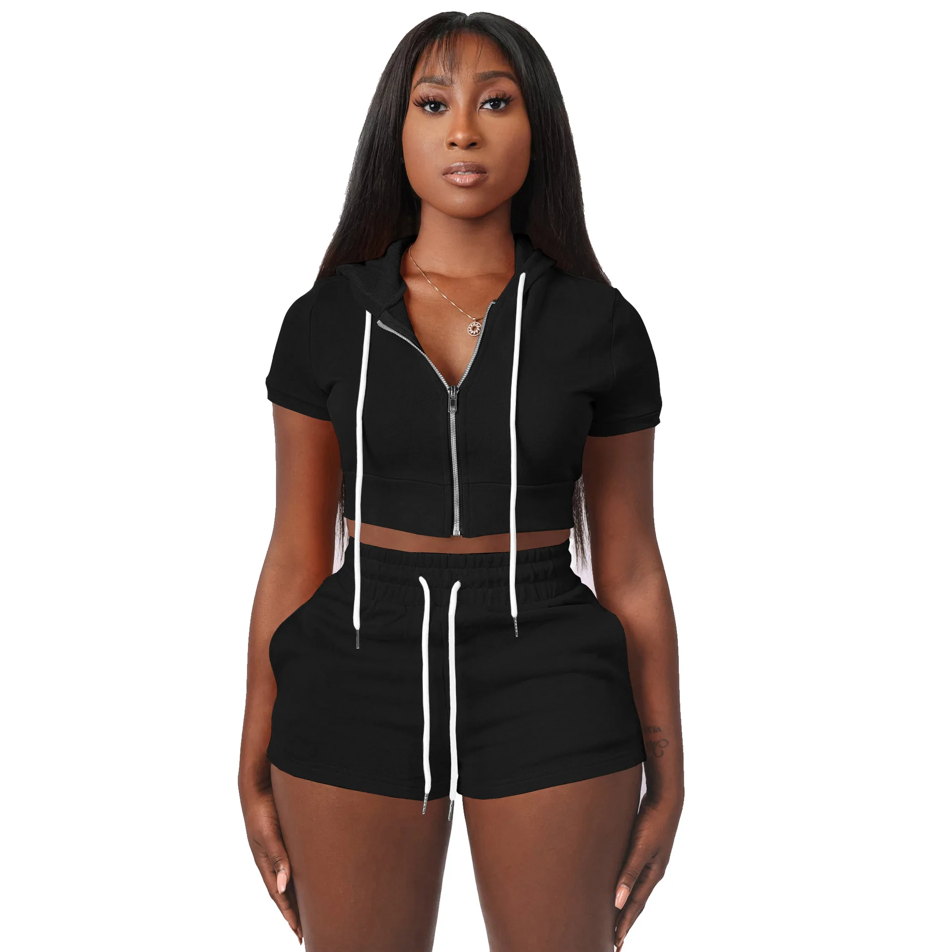 custom women clothing 2022 summer plain biker Zipper short sleeve hoodie sets Jogger two piece short set