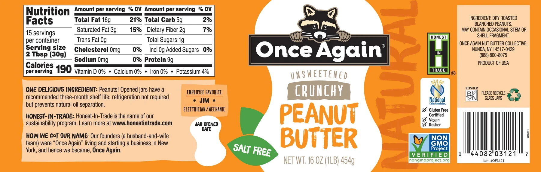 Premium Quality Crunchy Unsalted Old-Fashioned Peanut Butter Packed into 16oz Jar Case of 6 Salt Free Unsweetened