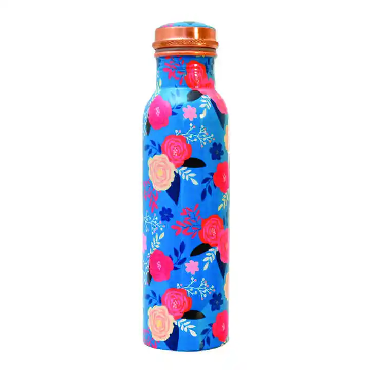 Eco Friendly Flower Printed Water Bottle Top Selling Floral Deign Ayurvedic Copper Water Bottle Trending Factory Supply