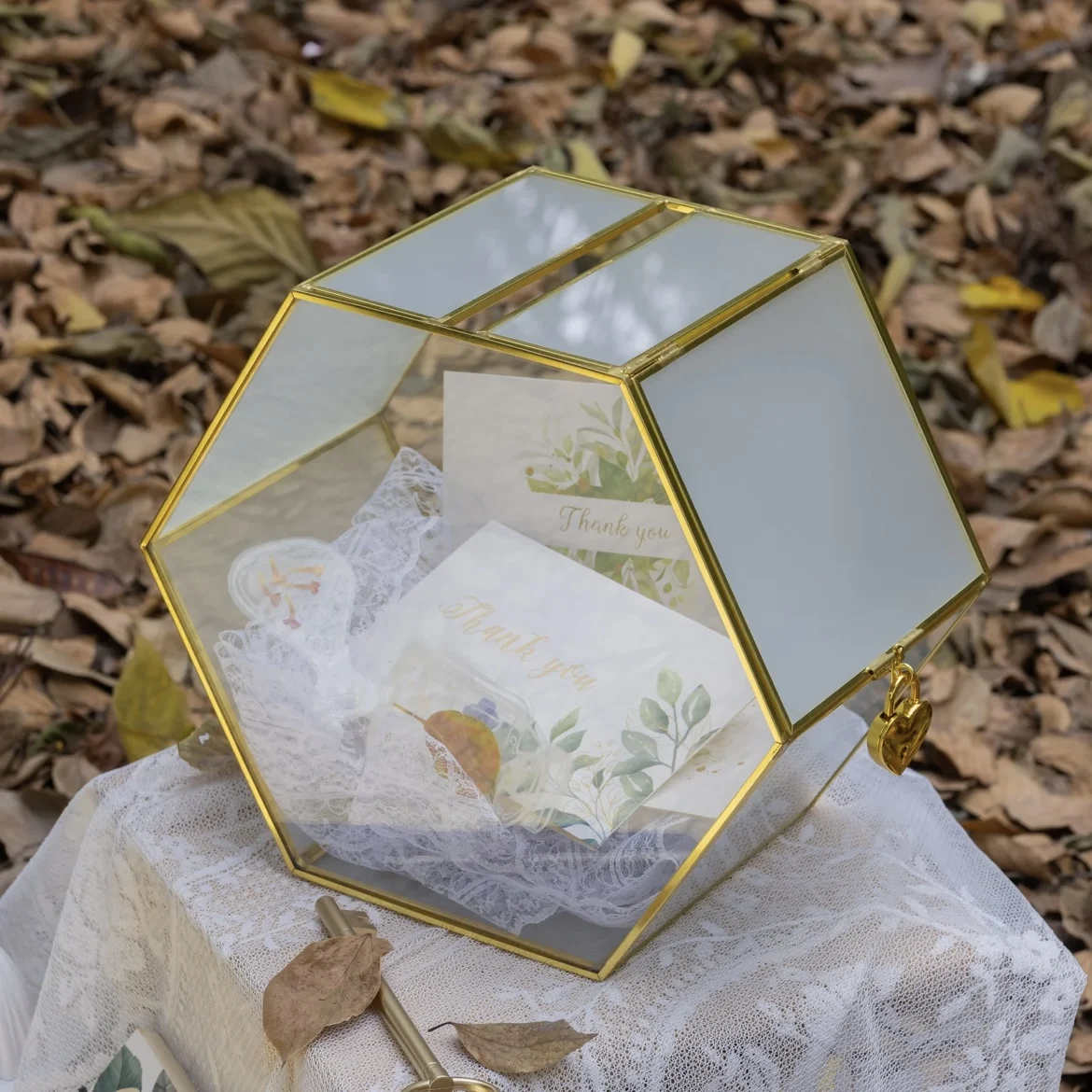 Modern Luxury Wedding Glass Card Box Hexagon Gold Brass and Glass Envelope and Wishing Well Box with Slot