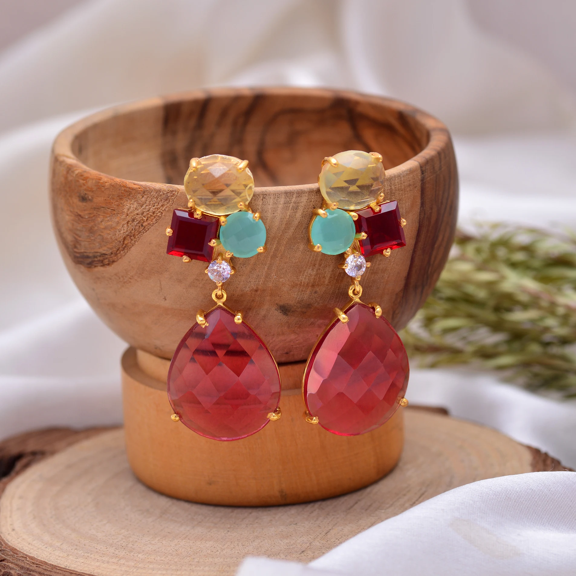 Bohemia Retro Natural Lemon Garnet Aqua Chalcedony Pink Tourmaline Gemstone Vintage 925 Sterling Silver Gold Plated Earrings