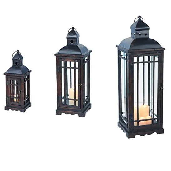 Hot Selling Fancy Style Home And Garden Wood Glass Lantern For Candle With Stainless Steel Top