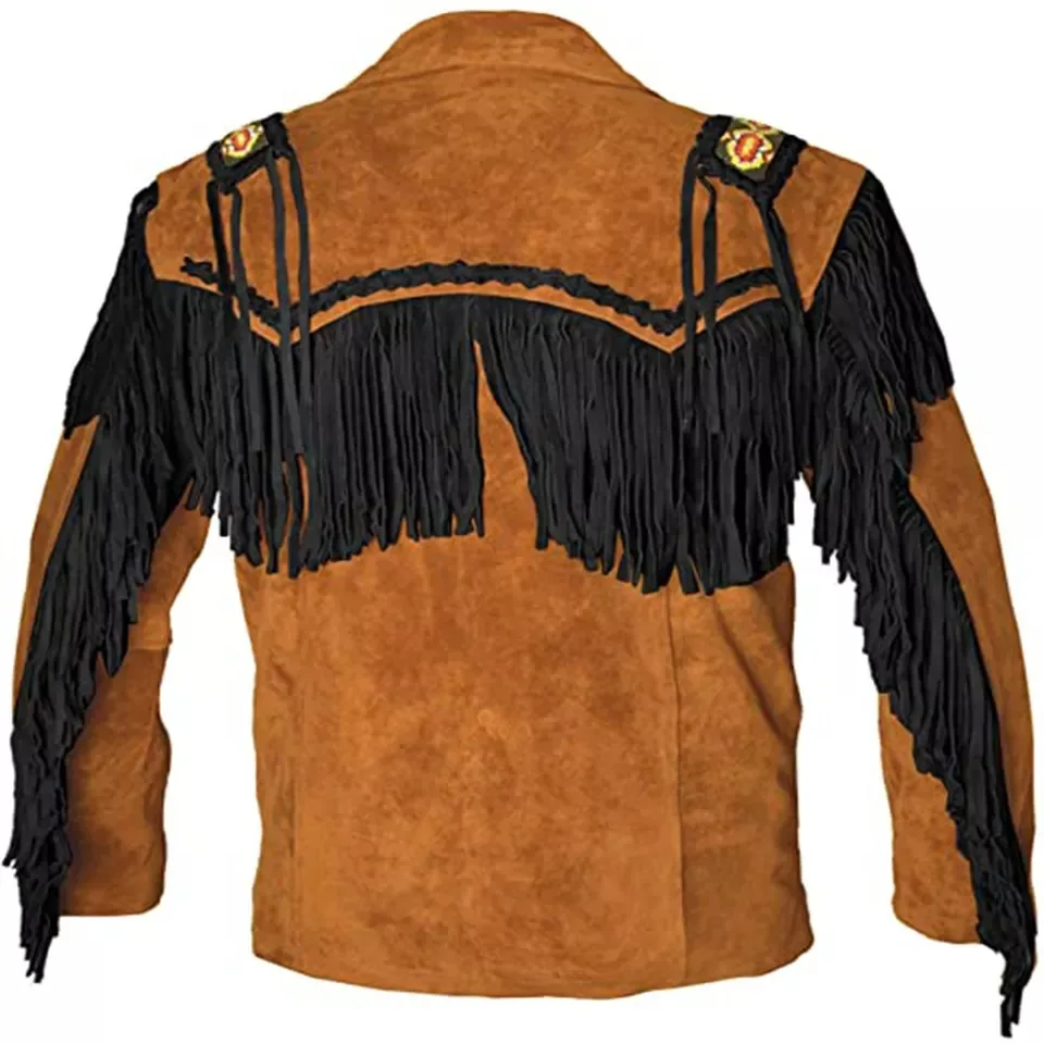 Best Selling Men Western Style Fringed & Beaded Black Color Tassels Cowboy Leather Jacket