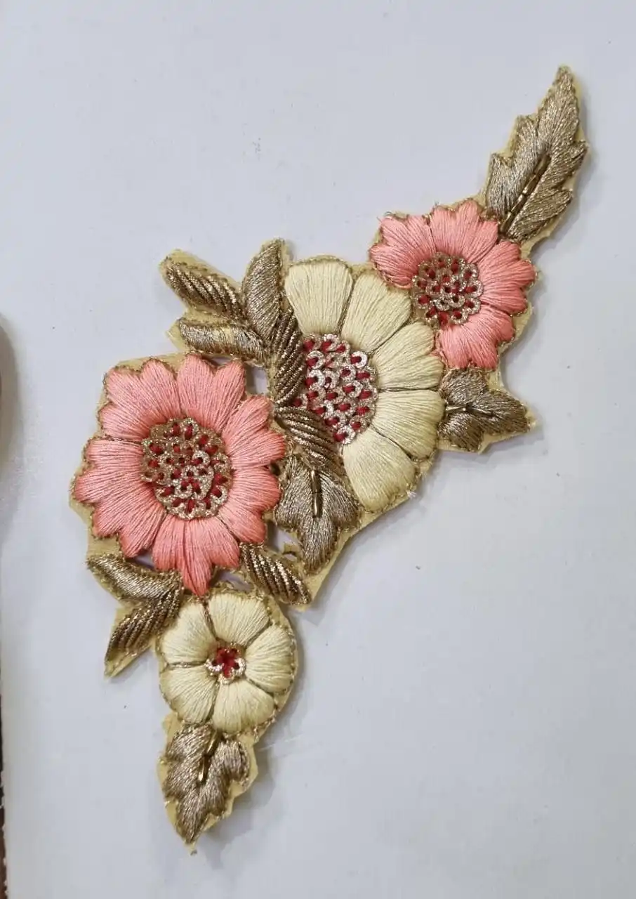 custom made embroidered patches with floral patterns including bead work and gold thread for dress designers