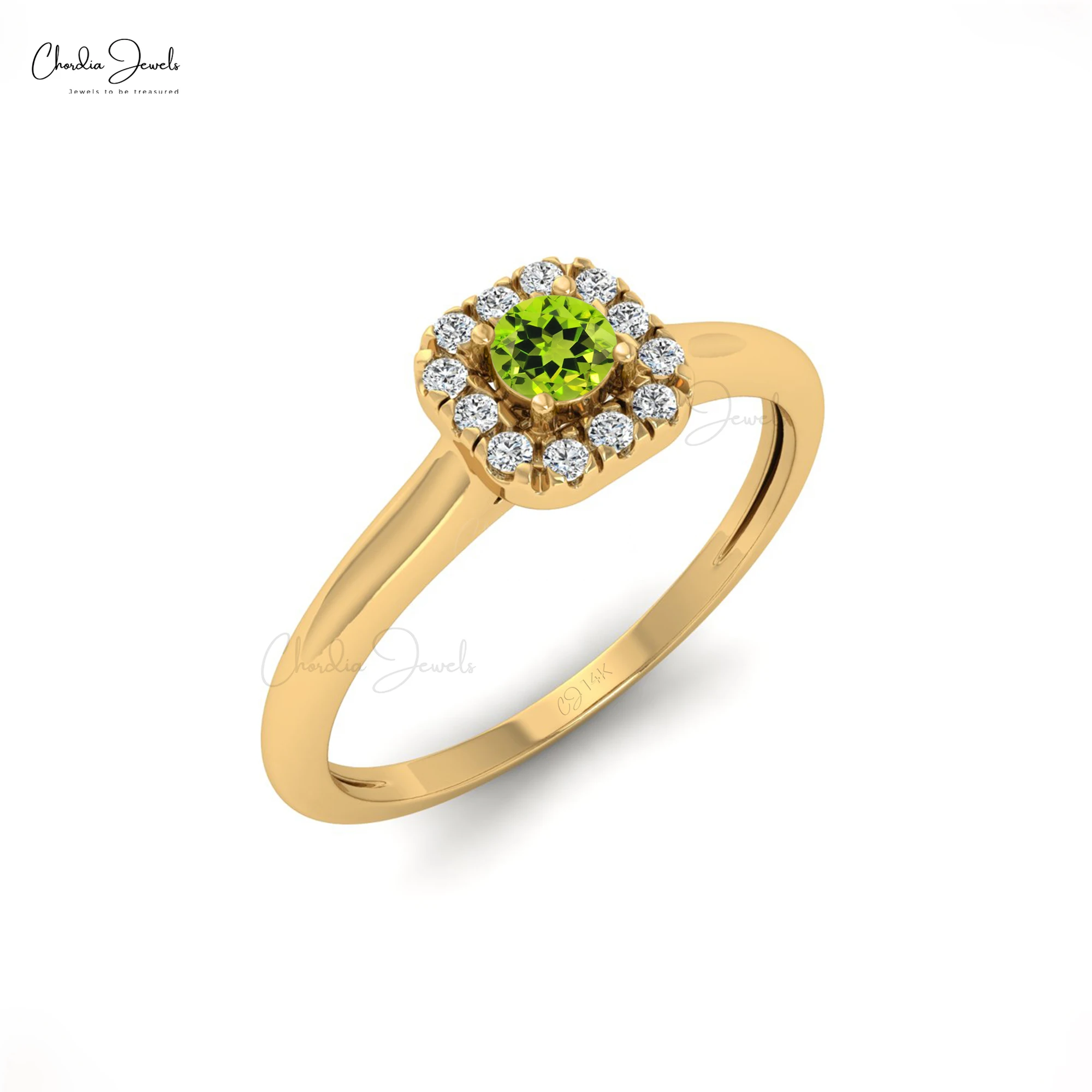 Hot Selling 14k Solid Gold Halo Ring Green Peridot 3mm August Birthstone Ring Small Diamond Prong Set Ring Free Delivery Items