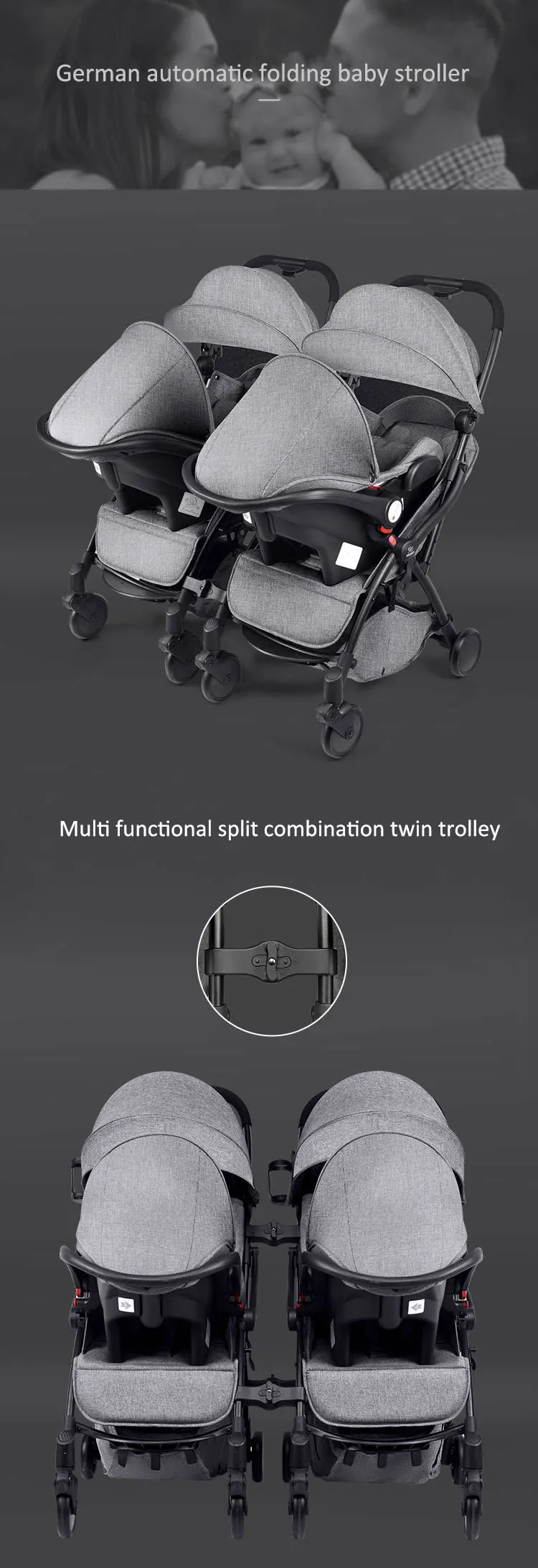 JXB Luxury Popular 3 in 1 Kids Strollers Baby And Toddler Twins Stroller
