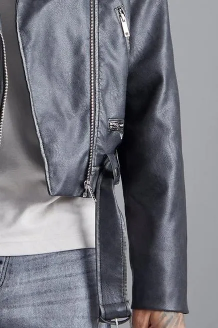 New Grey Boxy Fit Washed Original Sheepskin Leather Biker Jacket for Men with Borg Collar Made by Huzaifa Products.