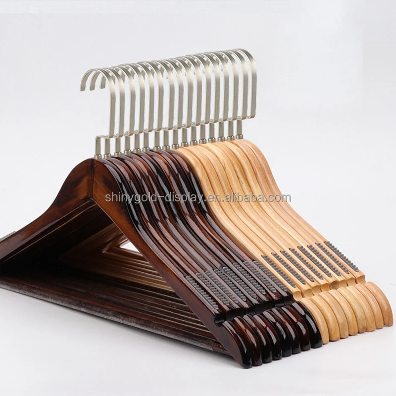 Luxury Premium Shirt Mens Suit Clothes Hanger Garment Display Silver Black Hook Clip Coat Adult Clothes Wooden Hanger With Bar