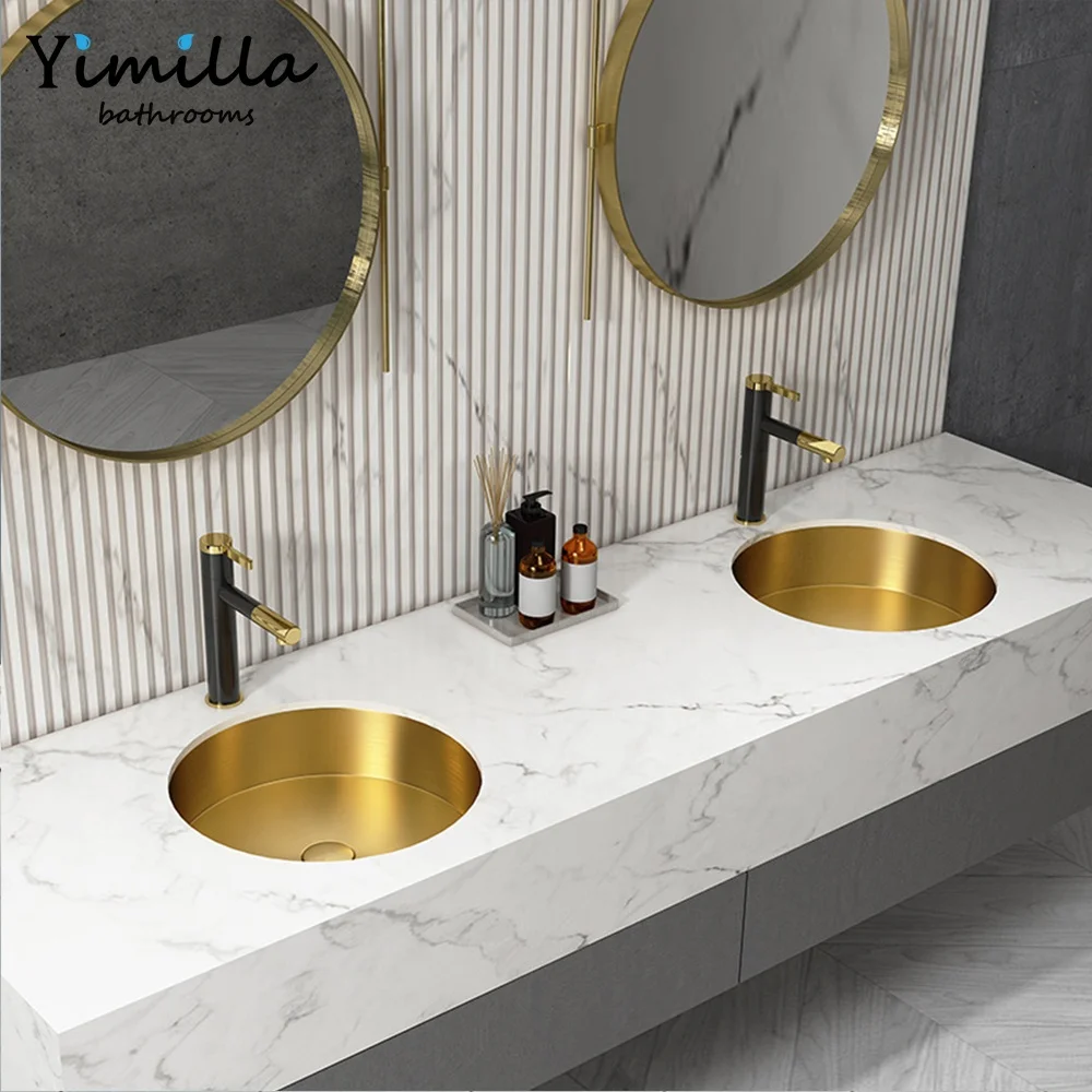 Bathroom cabinet undermount 304 stainless steel sink round gold color modern design hand wash basin sinks for public WC Toilet