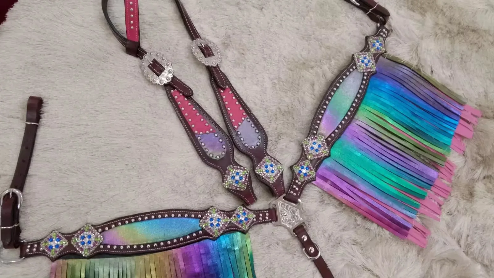 Rainbow Galaxy Western Headstall & Breast Collar Fringe Horse Set Leather lightweight Seasonal design Horse Ridding Equipment