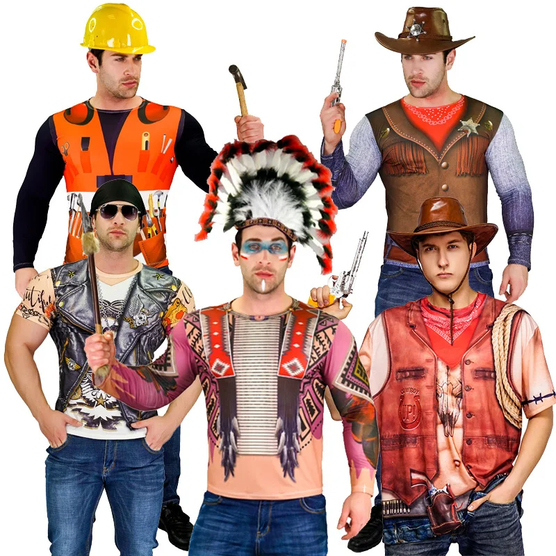 Adults Man Halloween Costume, Cowboy Fireman Pirate Savage Worker T Shirt Outfit, Career Style Top for Men Carnival Dress Up