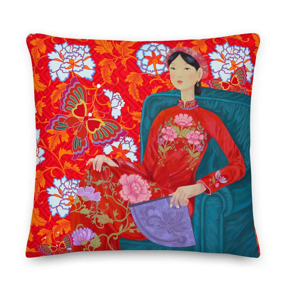 Unique 45x45cm Polyester Pillow Cover with Custom Red Ao Dai Asian Woman Design by Halinhthu Casa Design And Size 100% Polyester