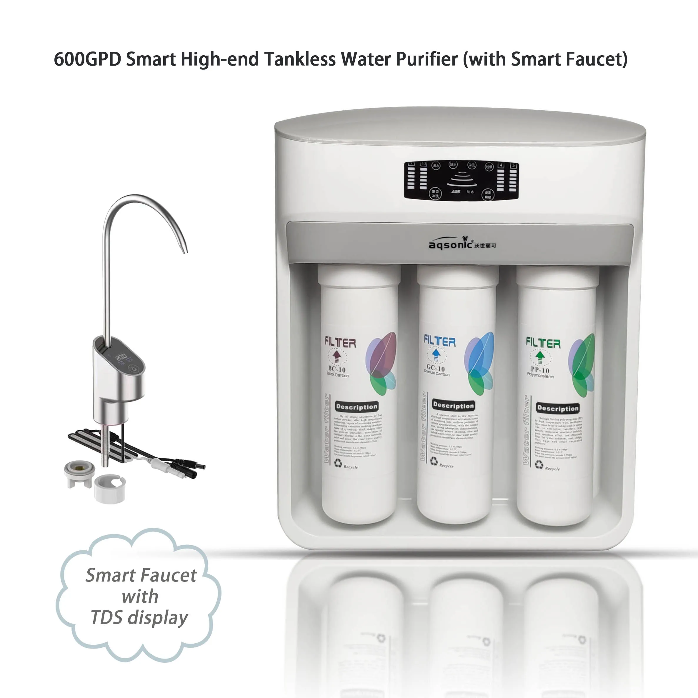 High-end Custom water purifier home RO water purifier 5 stage filter bayonet type cartridge with smart touch screen smart faucet