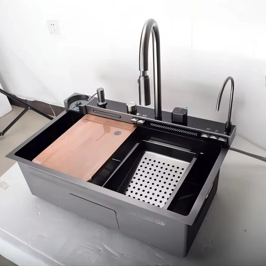 75 cm Sink Flying rain Waterfall Sink Household Dishwasher Basin Workstation stainless steel Kitchen Sink with Pull Out tap