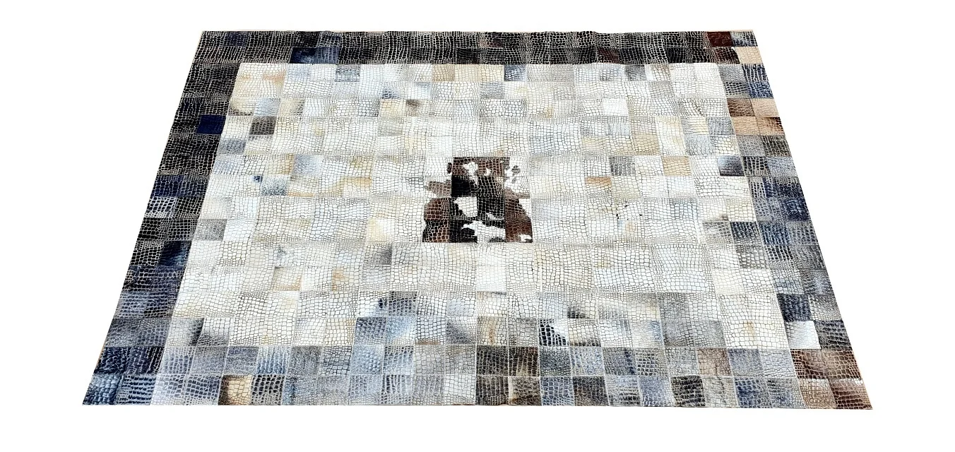 Modern Design Laser Engraved Colorful Hair on Handmade Pure Genuine Cow Leather Patchwork Area Rug
