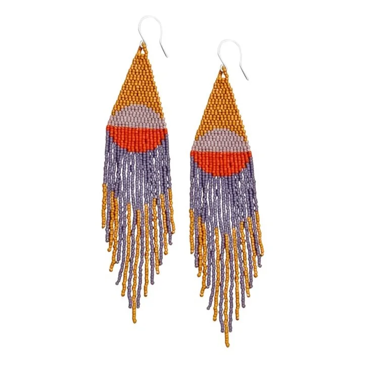 Orange Beaded Embroidery Drop Earrings Handcrafted Customizable Full-Size Fashion Accessories