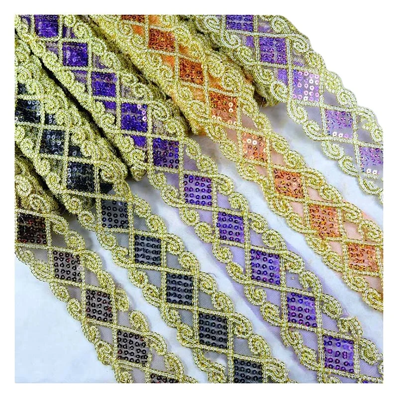 65mm Diy Sewing Material Costume Beaded Sequin Mesh Lace Fabric Diamond-shape Stage Dress Glitter Sequined Edge Lace Trims Gold