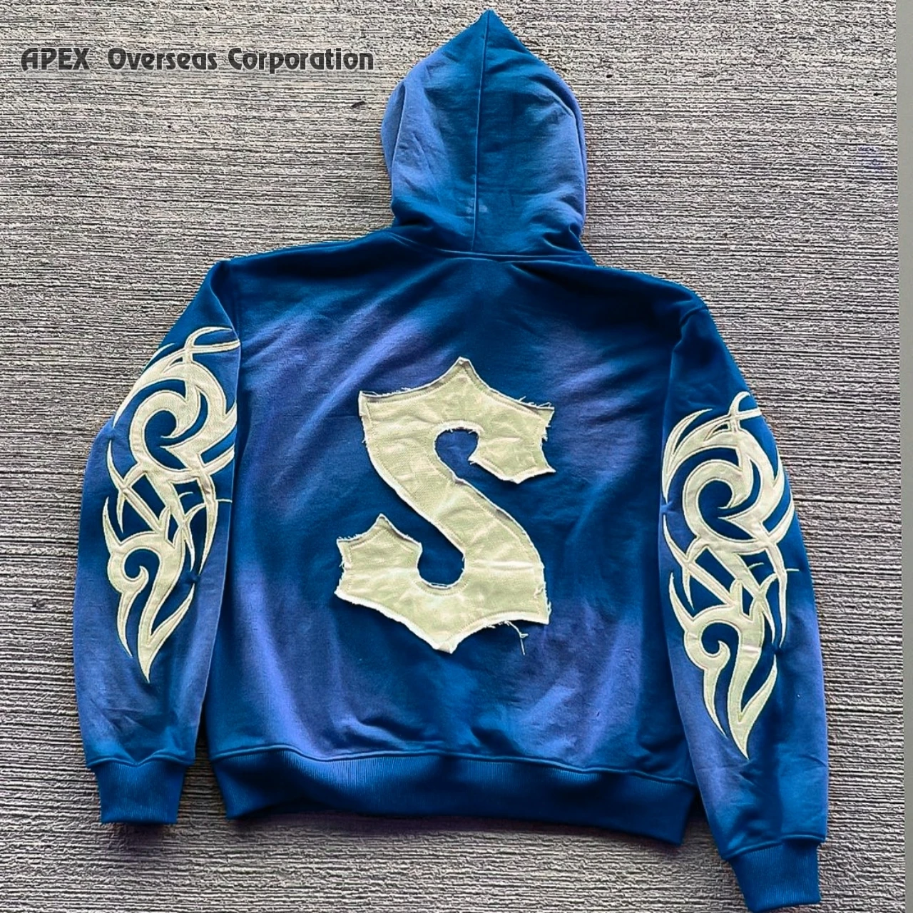 Distressed Embroidery Patch Sweatsuit Streetwear Sweatpants And Hoodie Set Sun Faded Stone Acid Washed Men Tracksuit