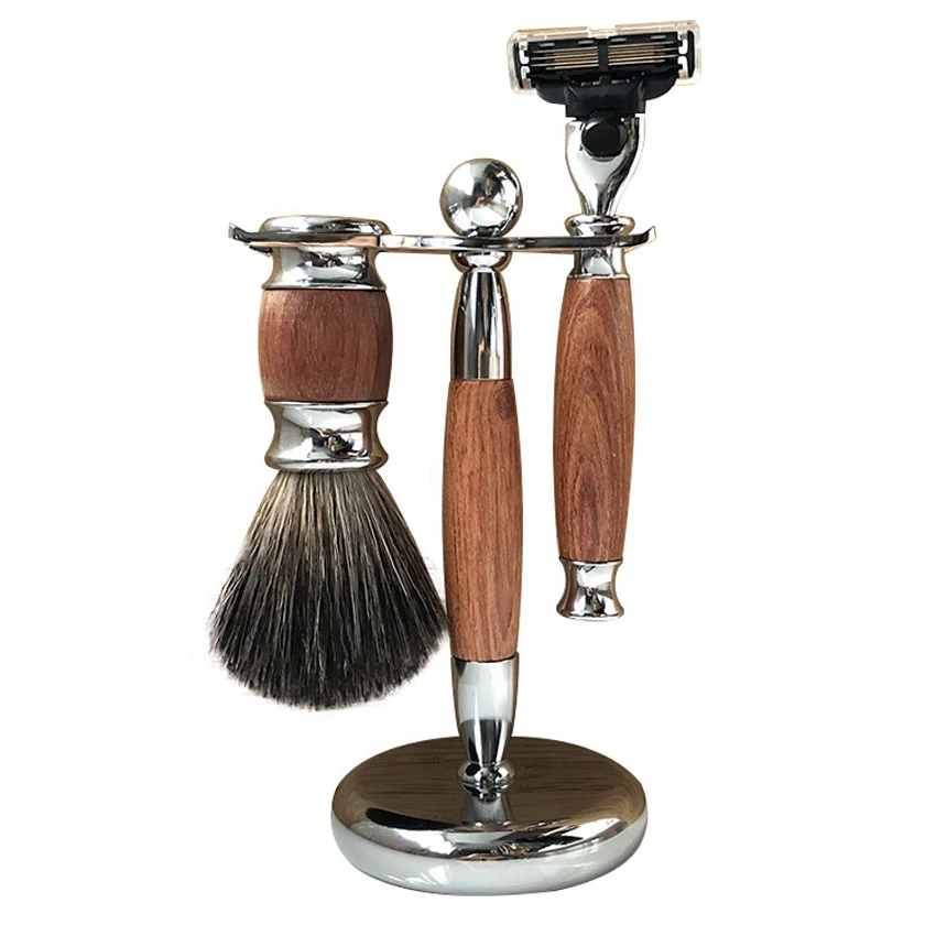 Hot Sell Wooden Rosewood Metal Handle Badger Hair Brush Triple Blades Razor Shaving Set