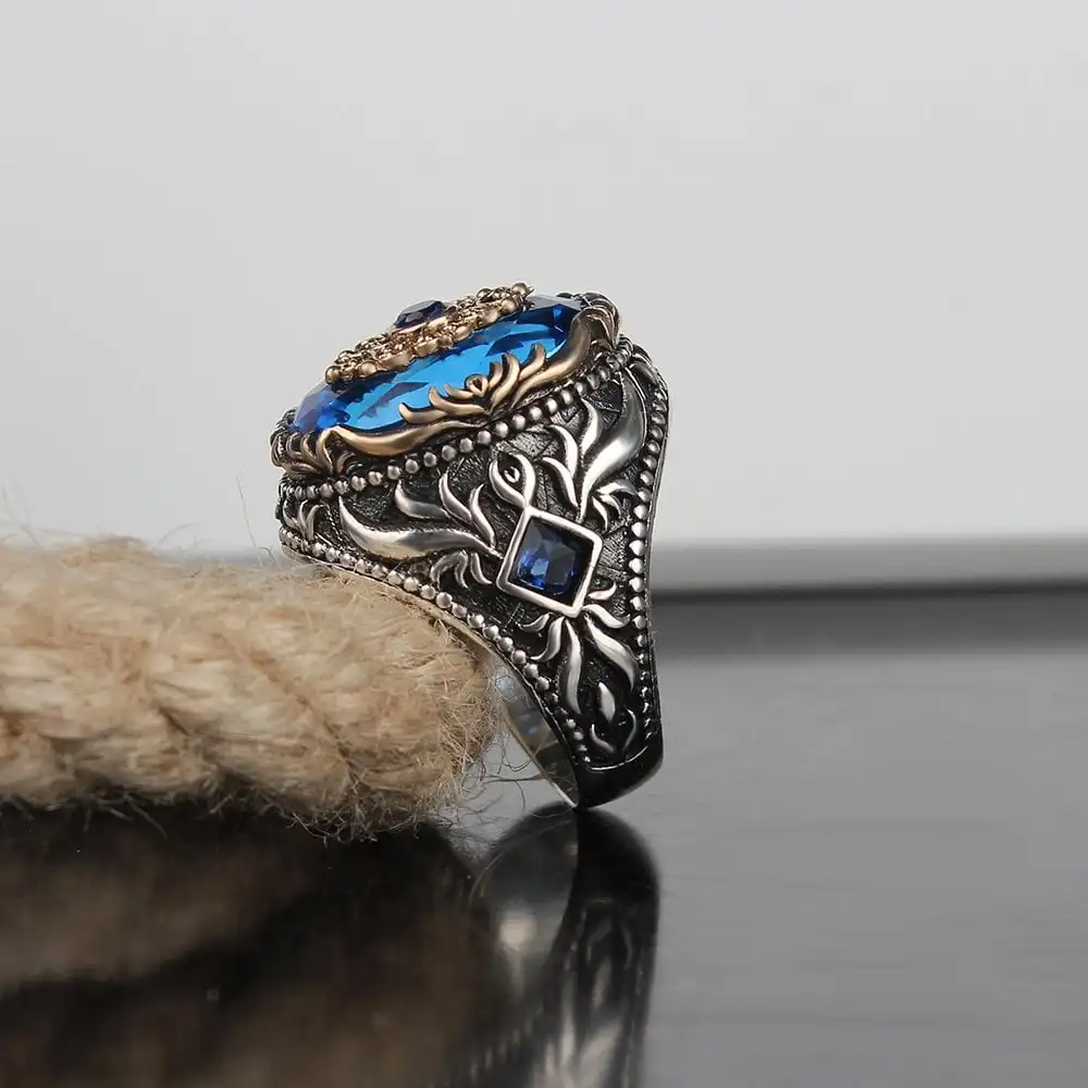 Green Zircon Stone Traditional Motif 925 Silver Men Ring Turkish Handmade Men Ring Turkish Wholesales Silver Jewelry