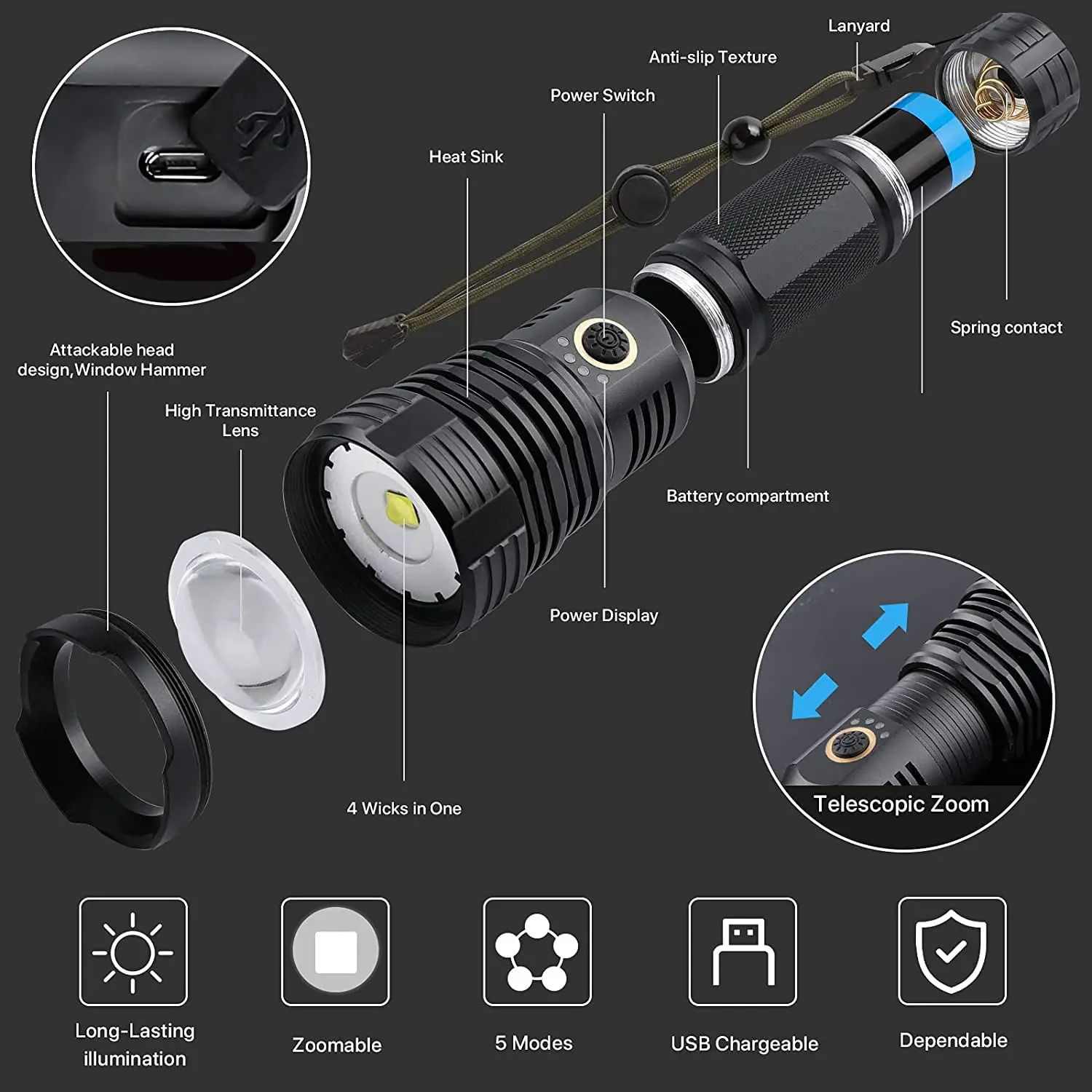 Powerful Super Bright EDC White Flashlight Waterproof Zoom torches Torch Light Rechargeable XHP70 Tactical LED Flashlight