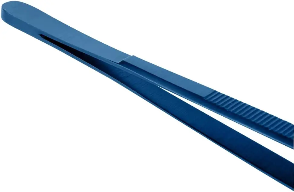 Perfect Point 9.4 Inch Curved Tweezer, 1 Short Slant Nose Food Tweezer - Serrated Tips Blue - Stainless Steel Kitchen Tweezer
