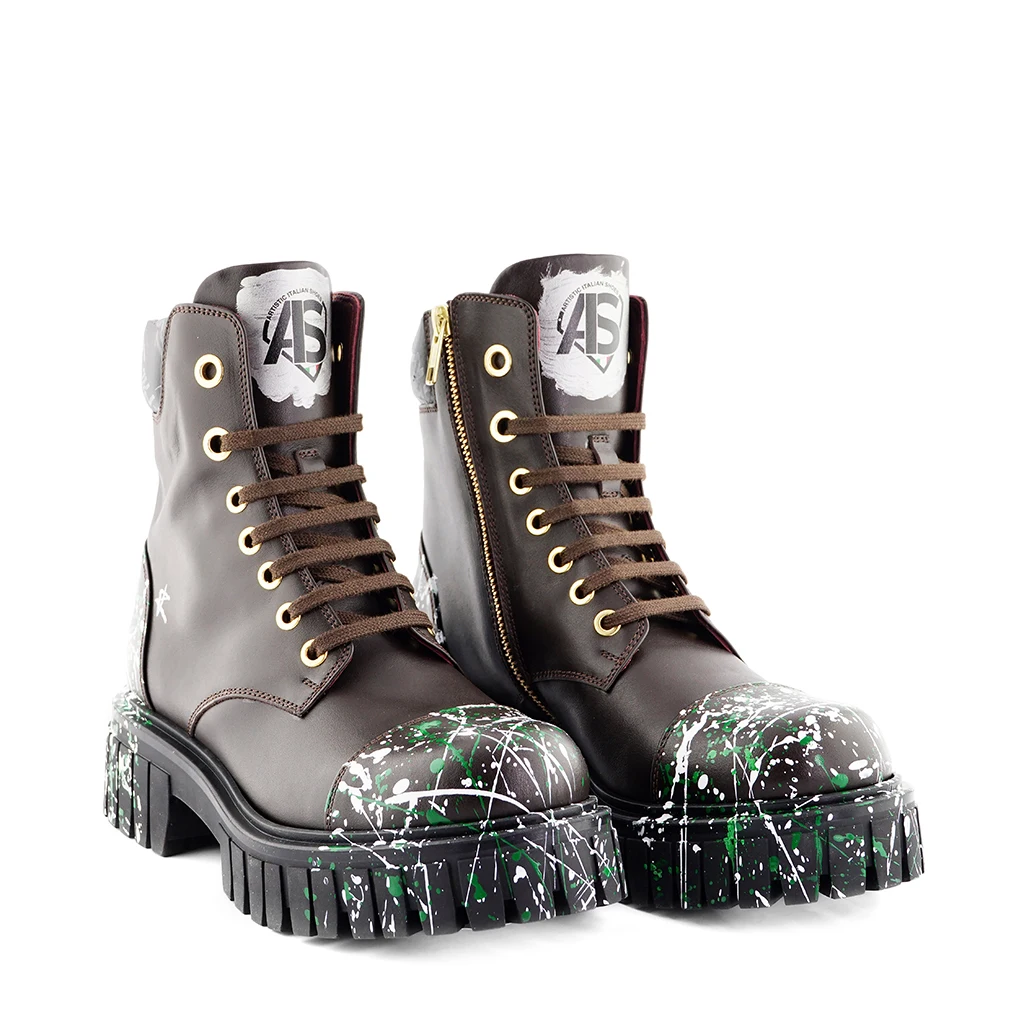 HIGH QUALITY YOUNG HANDMADE BLACK LEATHER ANKLE BOOT GREEN DETAILS WALKING MAN BOOT MADE IN ITALY