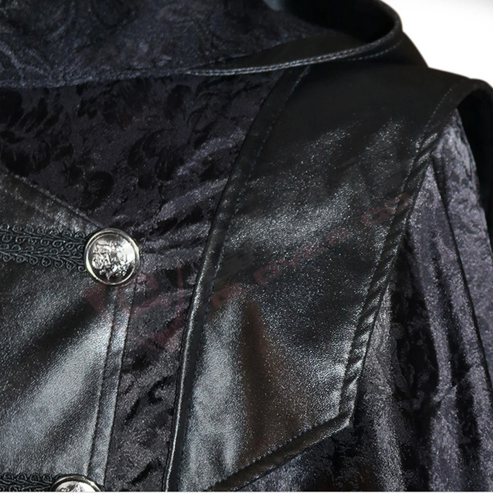 Ladies Plus Size Vintages Medieval-Steampunk Gothic Breathable Black-Halloween Longed Cosplay-Hooded Leather Coats