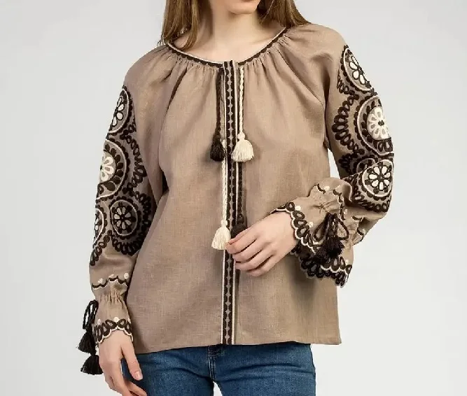 New Arrival Summer Cotton Blouse Embroidered Long Sleeves With Tassel Design Top Vintage Romanian Shirts For Summer Party Favour