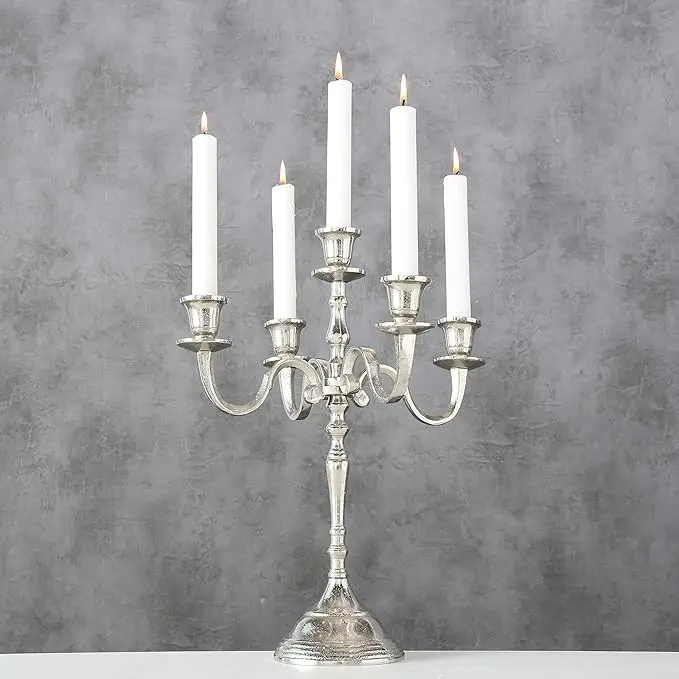 Five Candle Candelabra Silver Finish Centerpiece Hand Crafted of Cast Aluminum Atelier Craft Surface Details MADE IN INDIA