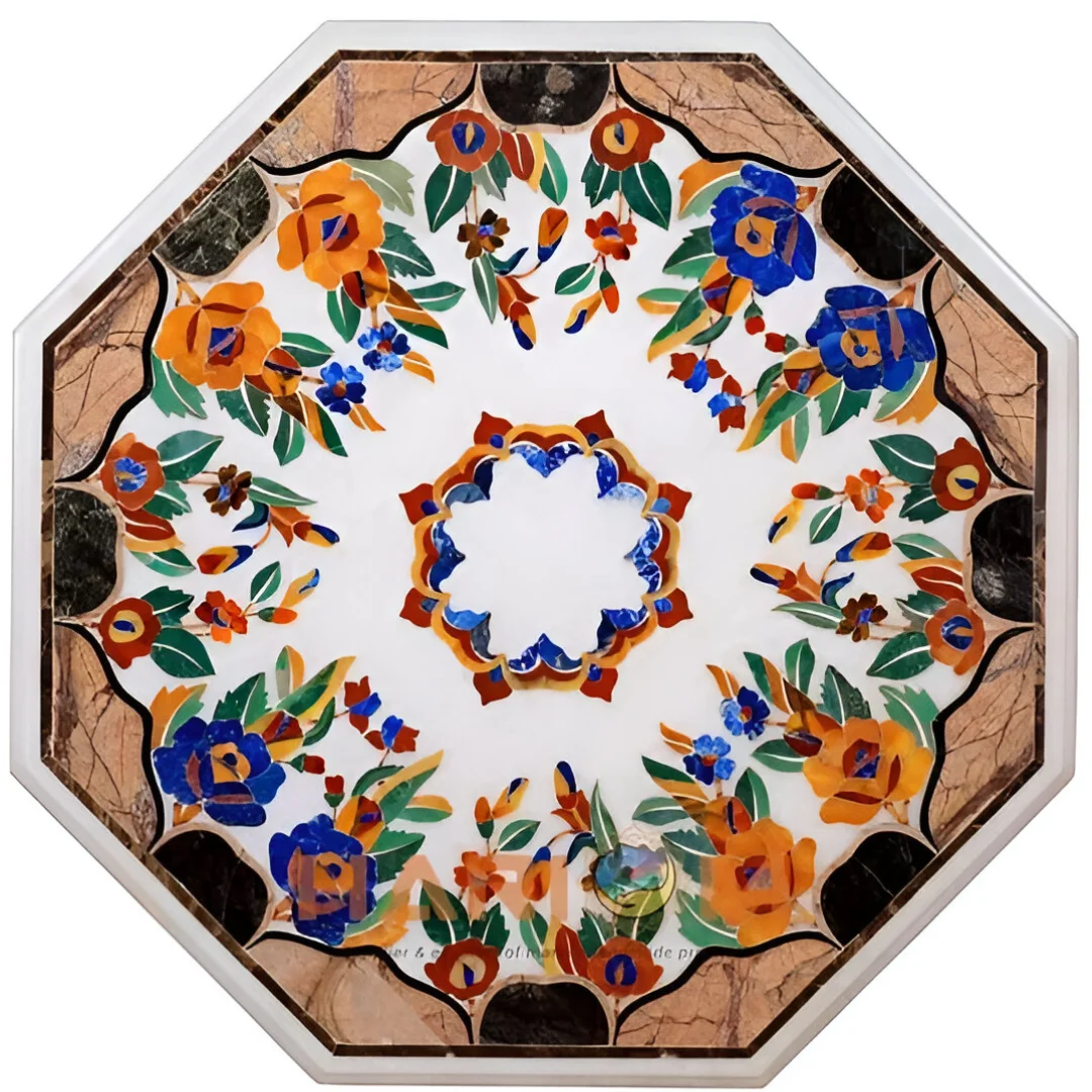 Modern Luxury Marble Flooring Medallion & Coffee Table Top Elegant Flower Design Inlay Work with Octagon Shape for Home Decor