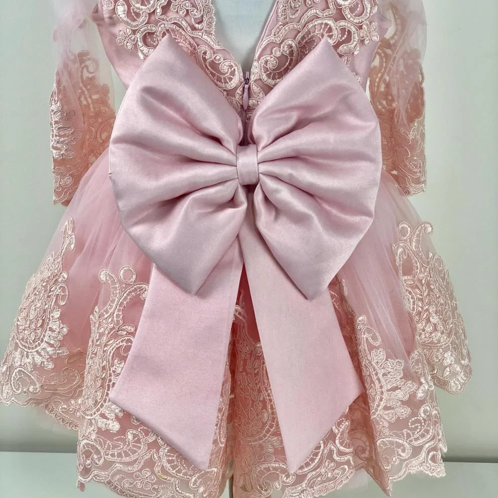 Pink Lacy Dress Girl Party Wear, 1-10 Year Birthday Dress Long Sleeves With Shoes and Hair Band Wholesale Custom Newborn