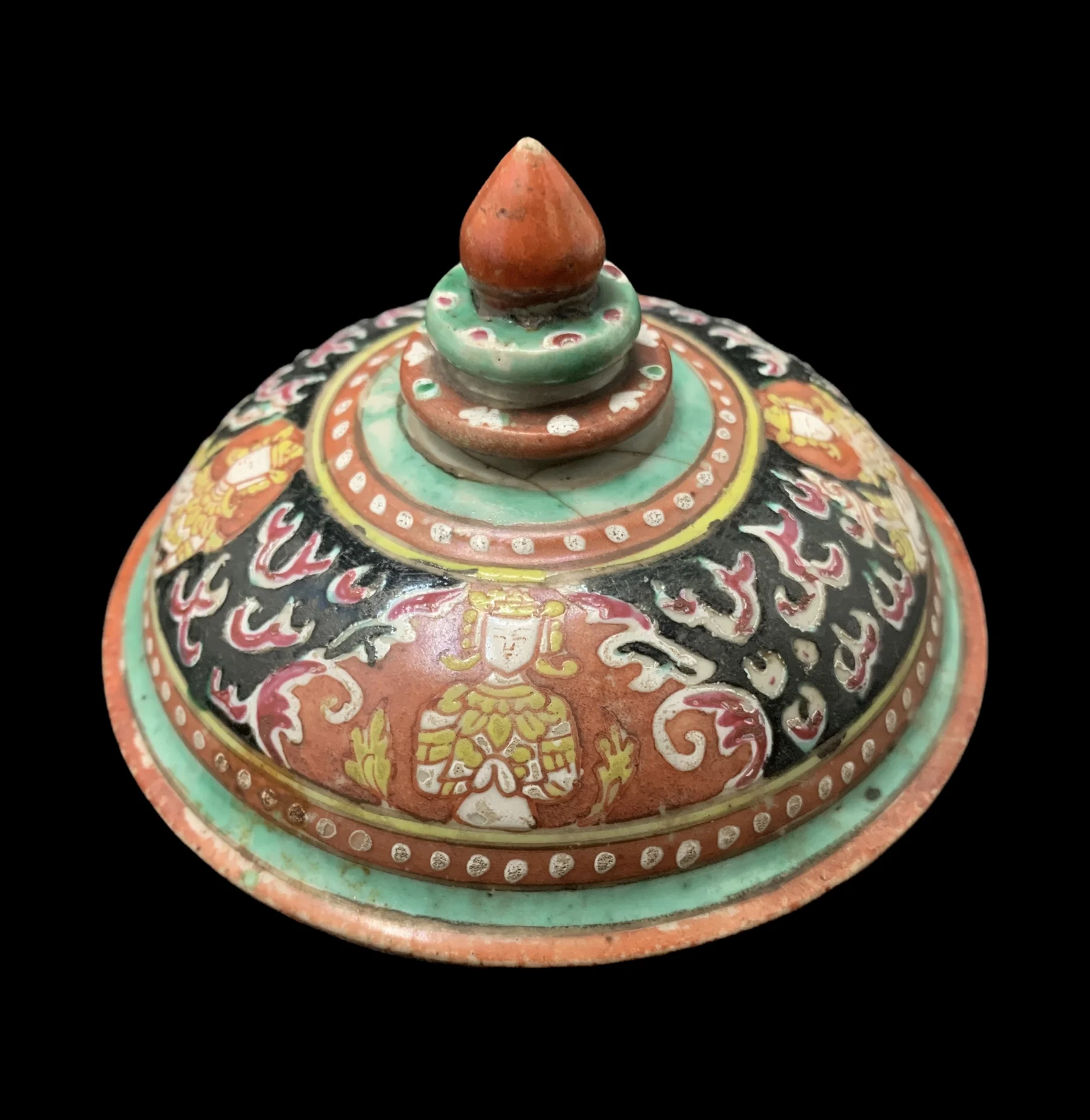 Antique Benjarong ceramic Covered Jar Painted With Theppanom Alter Nathing With Norasingha On Black Ground For Collectible