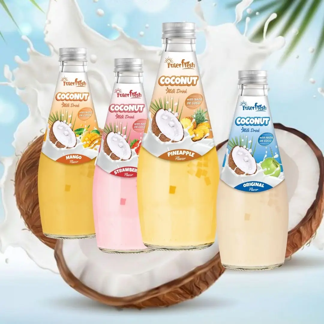 INTERFRESH Exporter From Vietnam High Quality Coconut Milk Nata De Coco Fruit Drink With Banana 290 ml Glass Bottle Customized