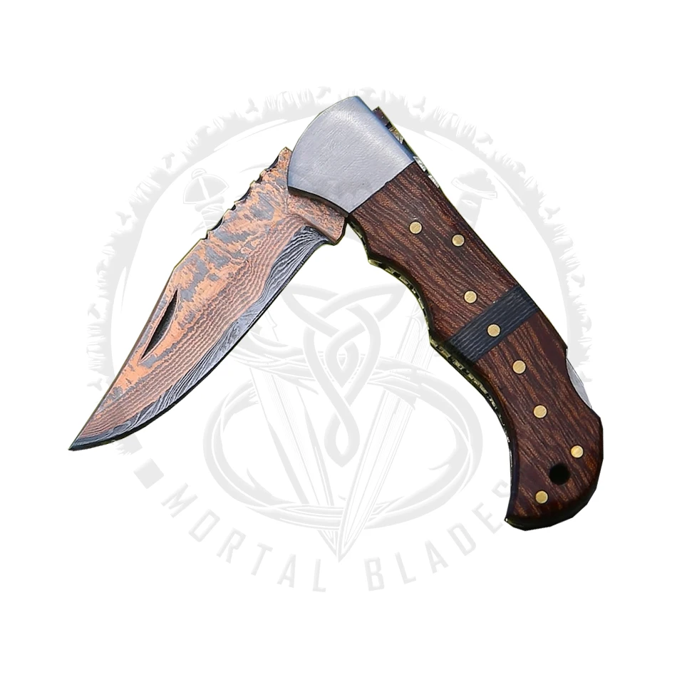 Hot Sale Outdoor Copper Damascus Steel Folding Knife Camping Hunting Tactical Survival Wood Handle Folding Pocket Knife