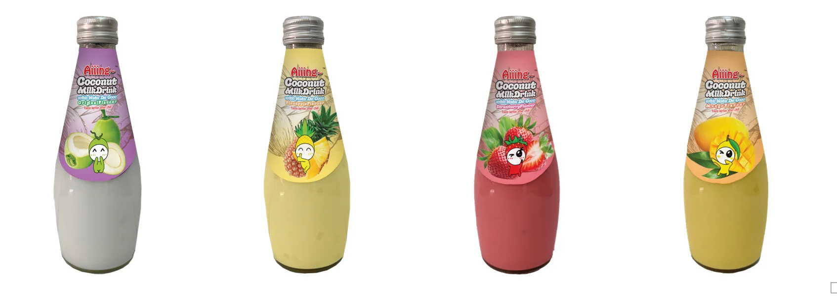 Aiiing Coconut Milk with Nata De Coco - Strawberry Flavour Coconut Milk Coconut Juice Nata De Coco 290ml Glass Bottle