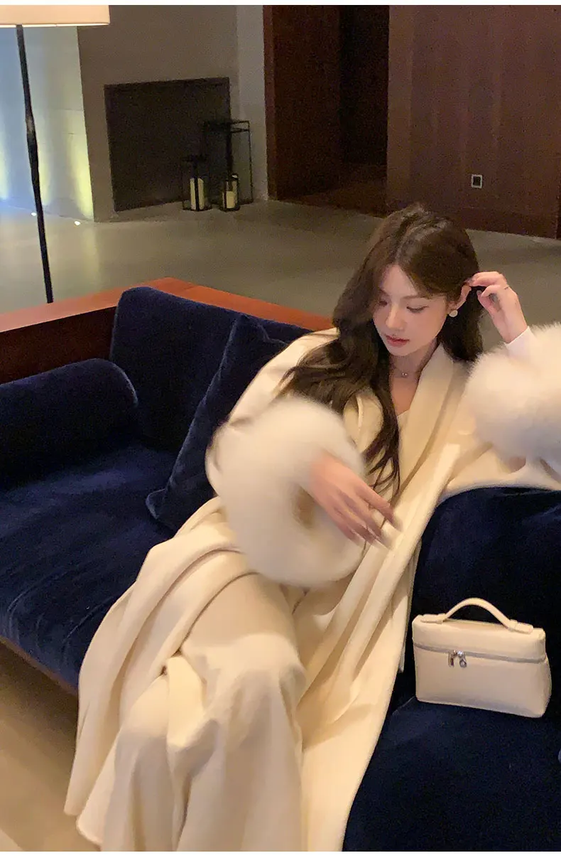 women double-sided cashmere coat 2023 autumn winter new v-neck fox fur long woolen coat ladies elegant luxury real wool coat