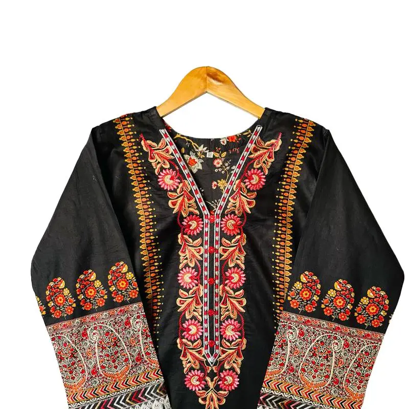 Wholesale Lawn Indian Pakistani woman dresses shalwar kameez In Black Over Front Embroidery With Plain Trouser