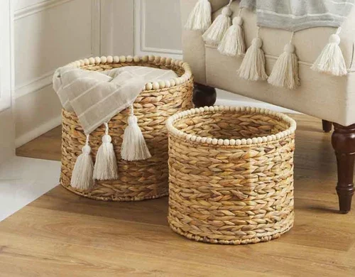 High Quality Water Hyacinth Beaded Storage Basket OEM Designs Customize Boho Storage Basket from HNH Craft Best Price